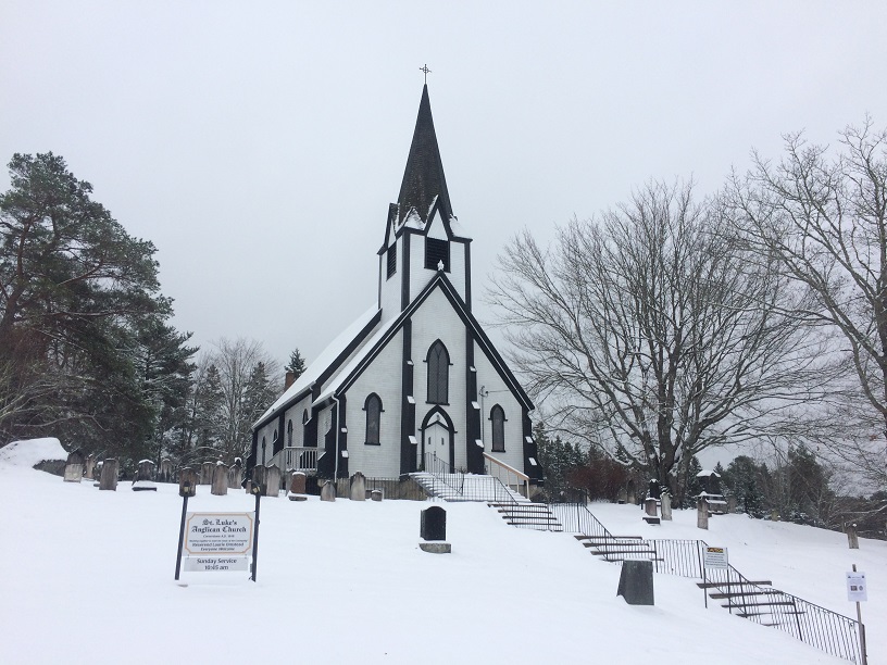 A view of St. Luke's Church after the first snowfall of the season on November 16, 2018